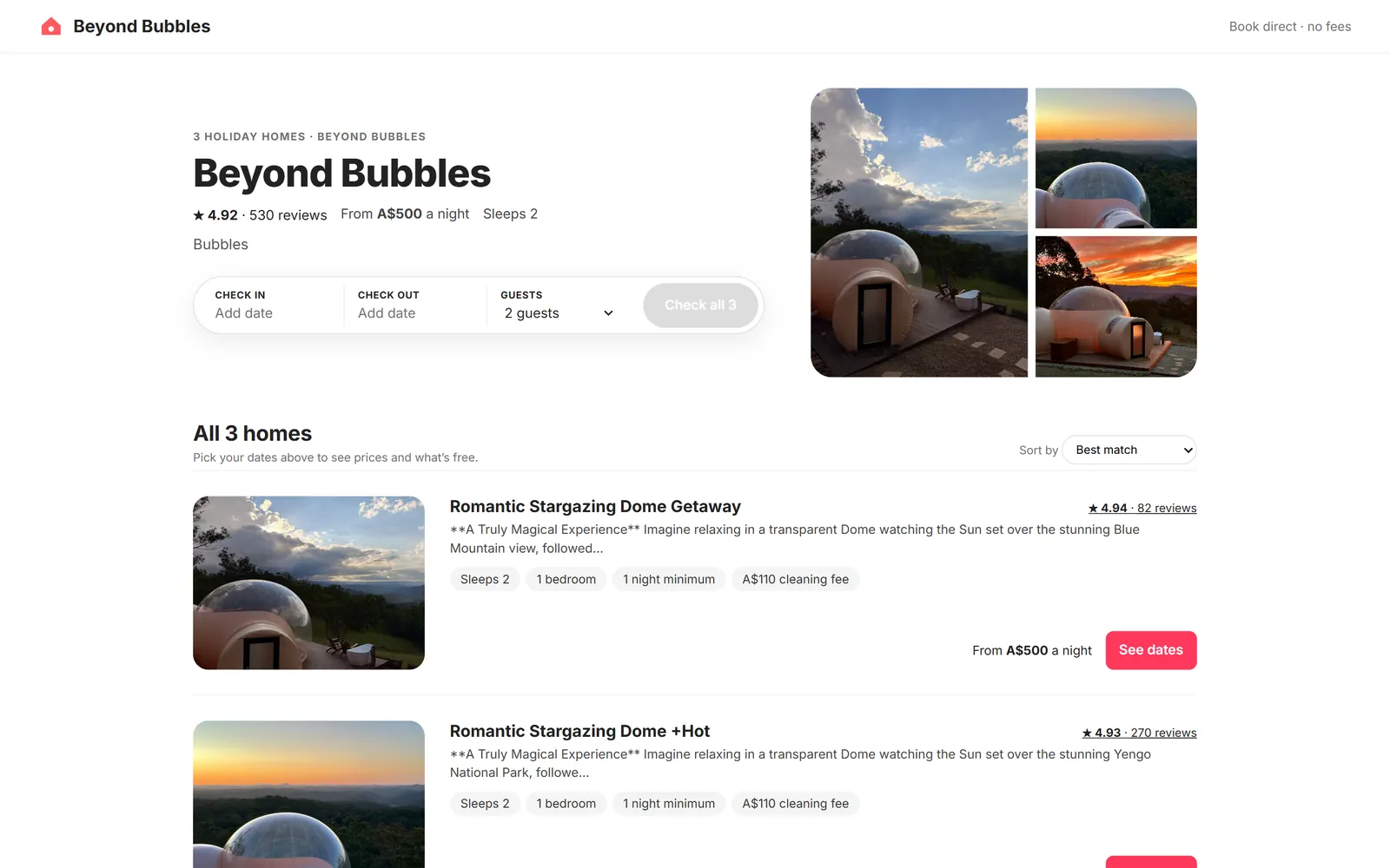 The Beyond Bubbles booking page: three homes, rated 4.92 from 530 reviews, with a date search at the top.