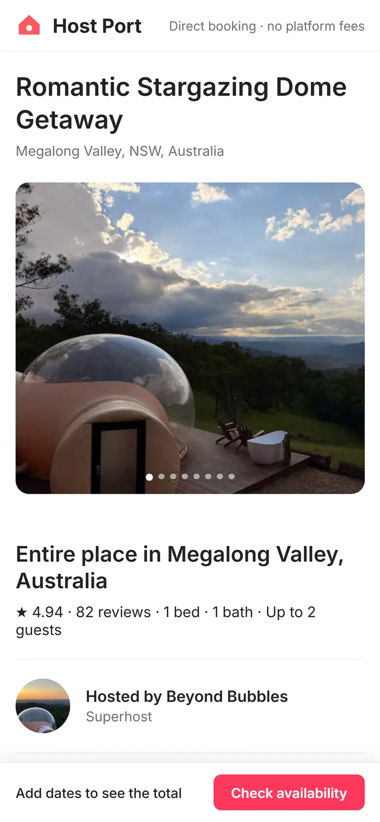 The booking page for one home, the Romantic Stargazing Dome Getaway, on a phone, with photos, reviews and a Check availability button.